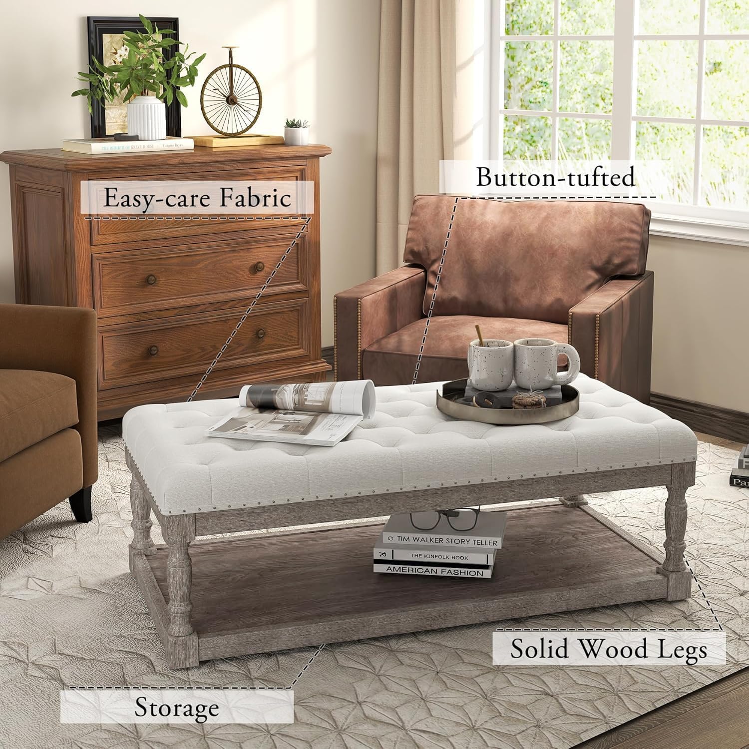 Beige Linen Rectangular Storage Ottoman