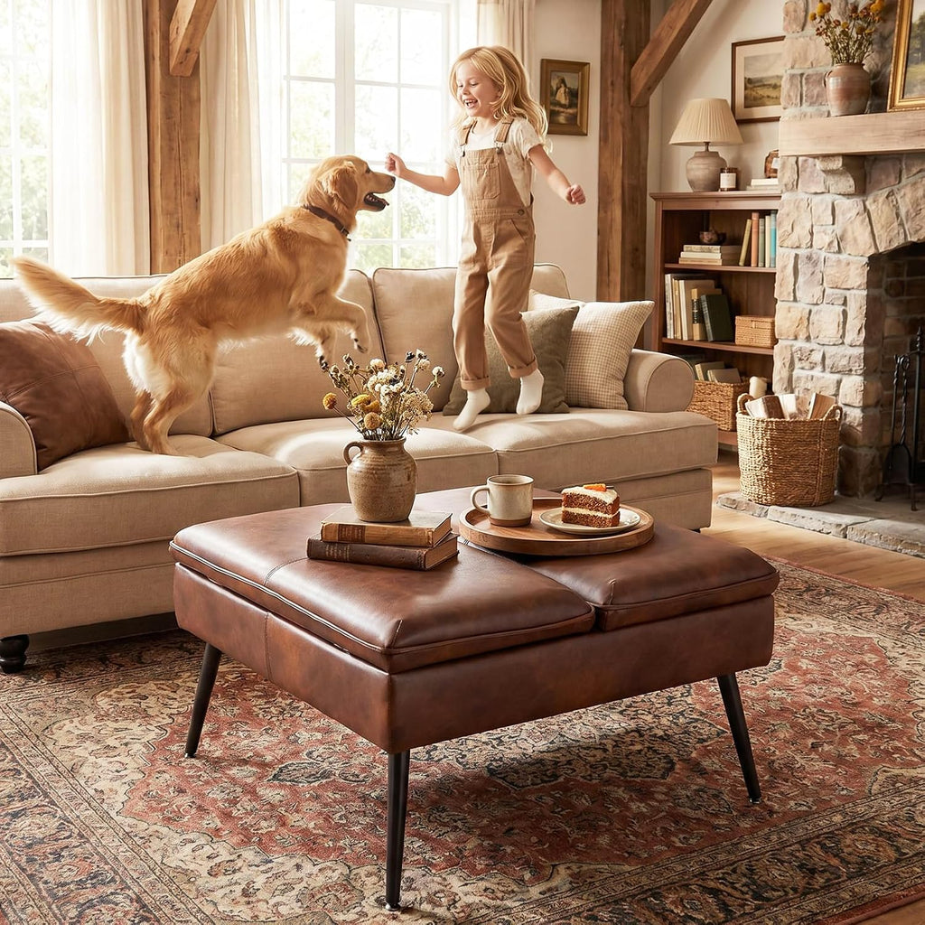 Cognac Brown Flip Top Storage Ottoman