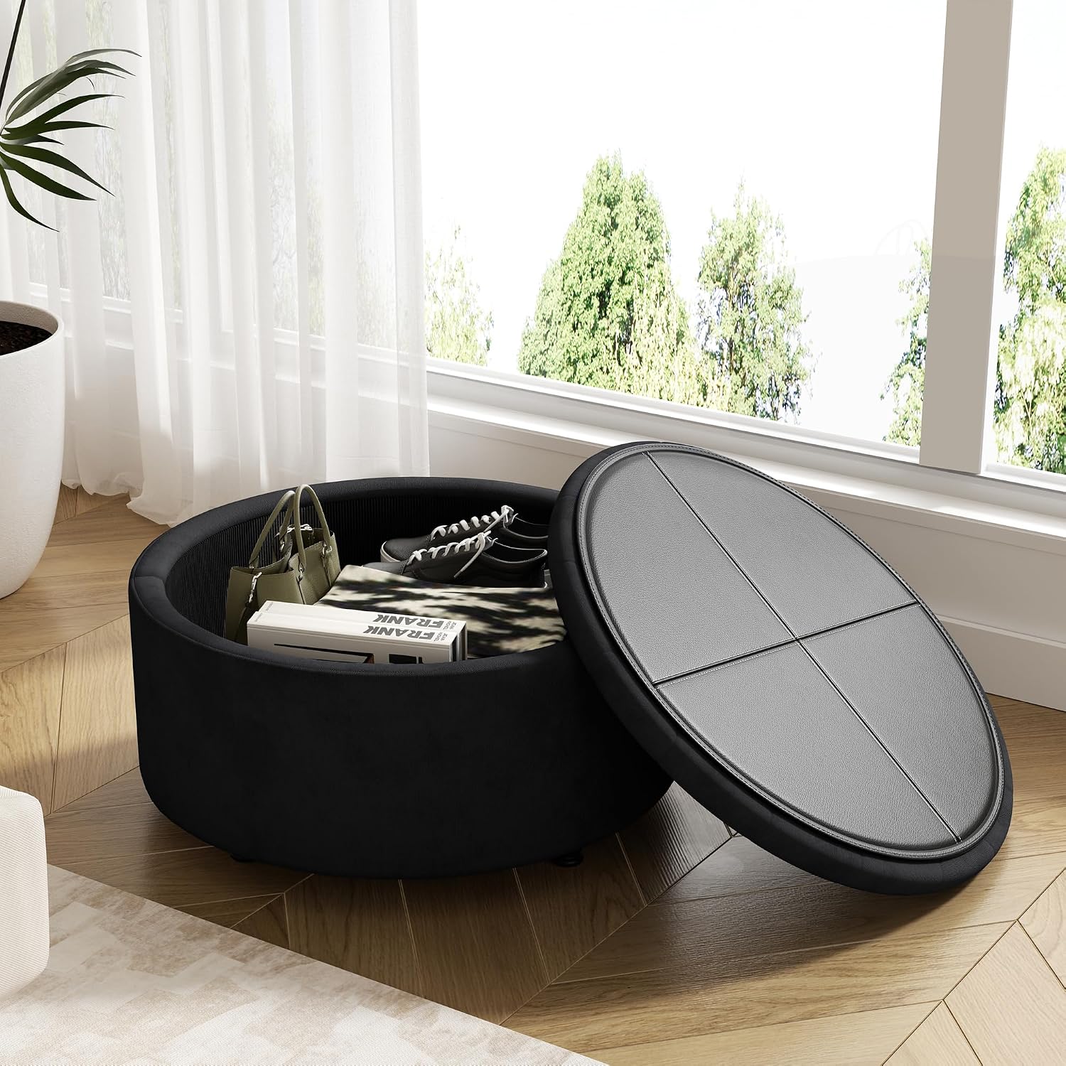 Black Round Tufted Storage Ottoman