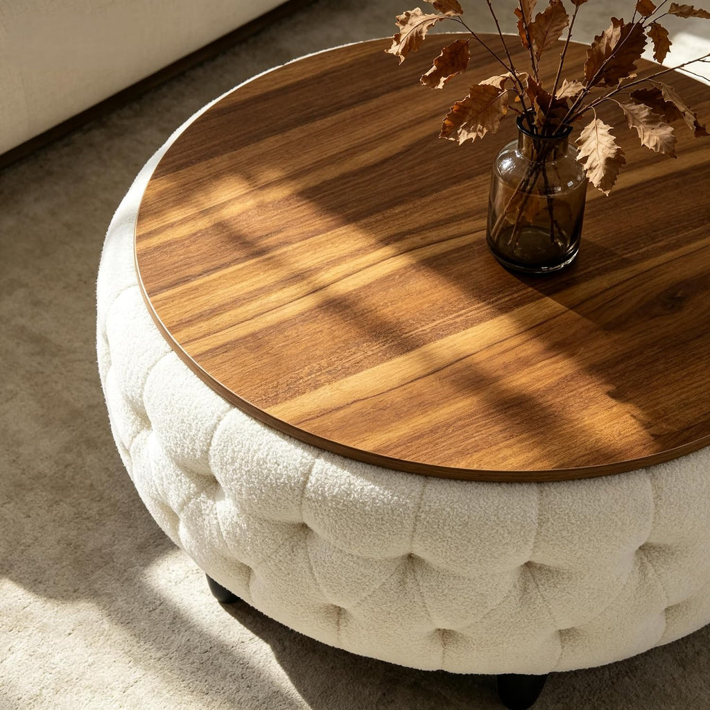 White Teddy Fabric Round Storage Ottoman