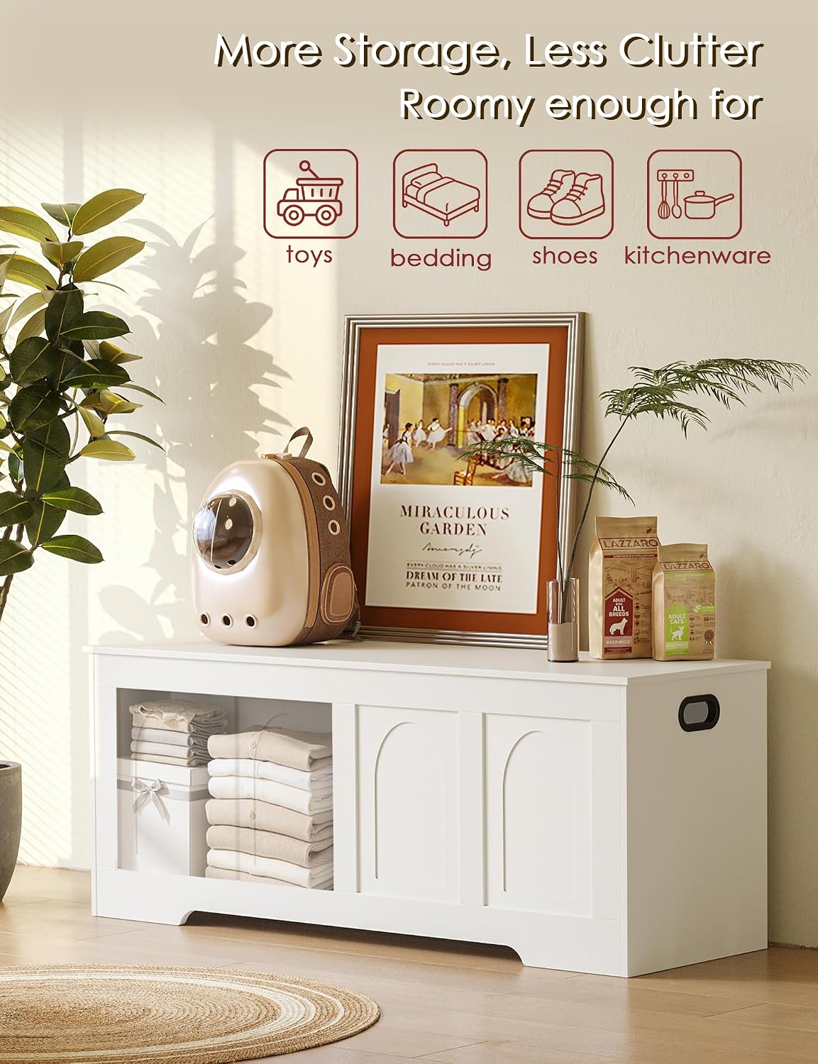 White Rattan-Like Safety Hinge Storage Chest Bench