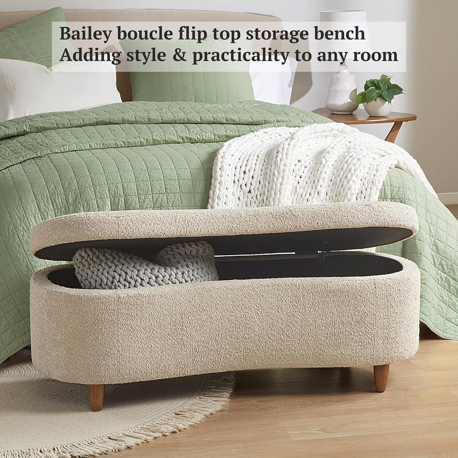 Boucle Curved Storage Accent Bench