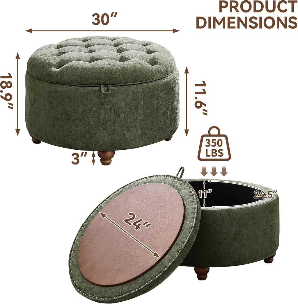 Green Tufted Round Tray Storage Ottoman