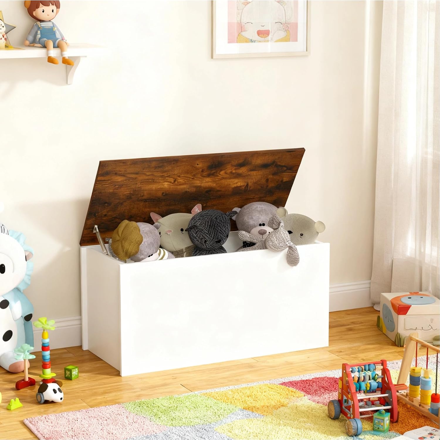 Rustic Brown White Pneumatic Rod Toy Storage Chest Bench
