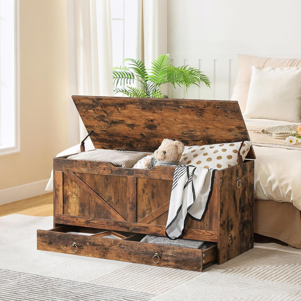 Rustic Brown Drawer Safety Hinge Storage Chest Bench