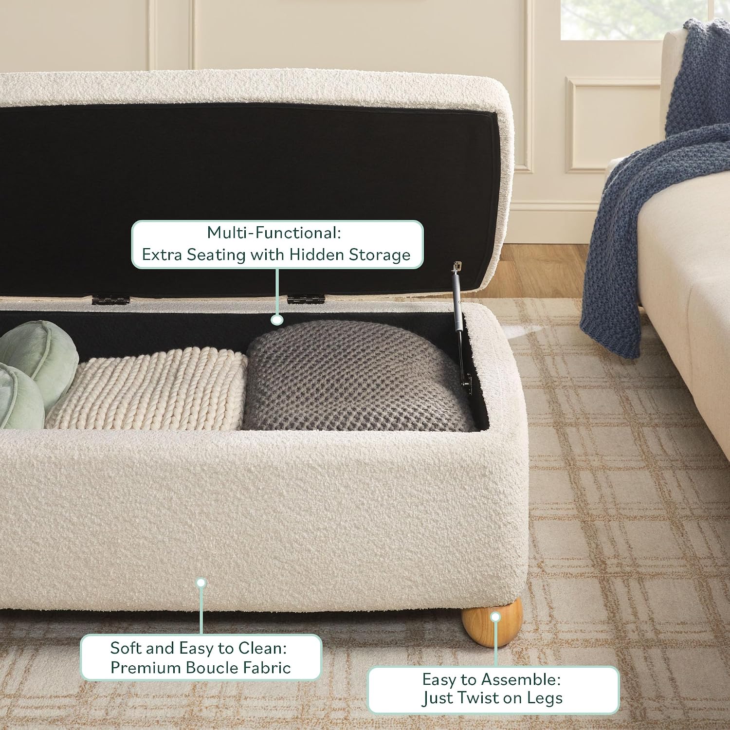 Ivory Bouclé Linley Large Storage Ottoman