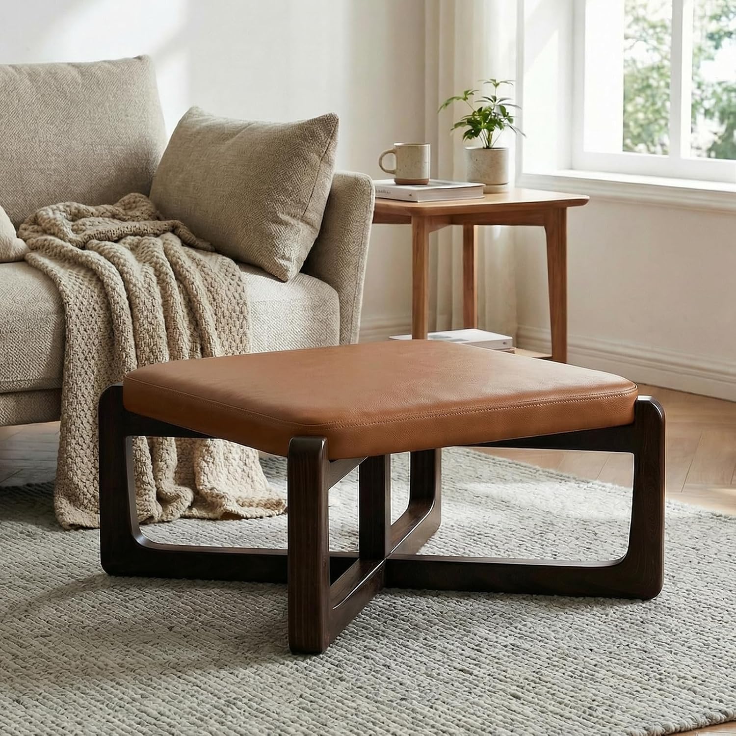 Brown Wood Leather Square Storage Ottoman