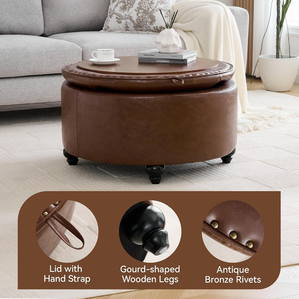 Round Tufted Leather Tray Ottoman
