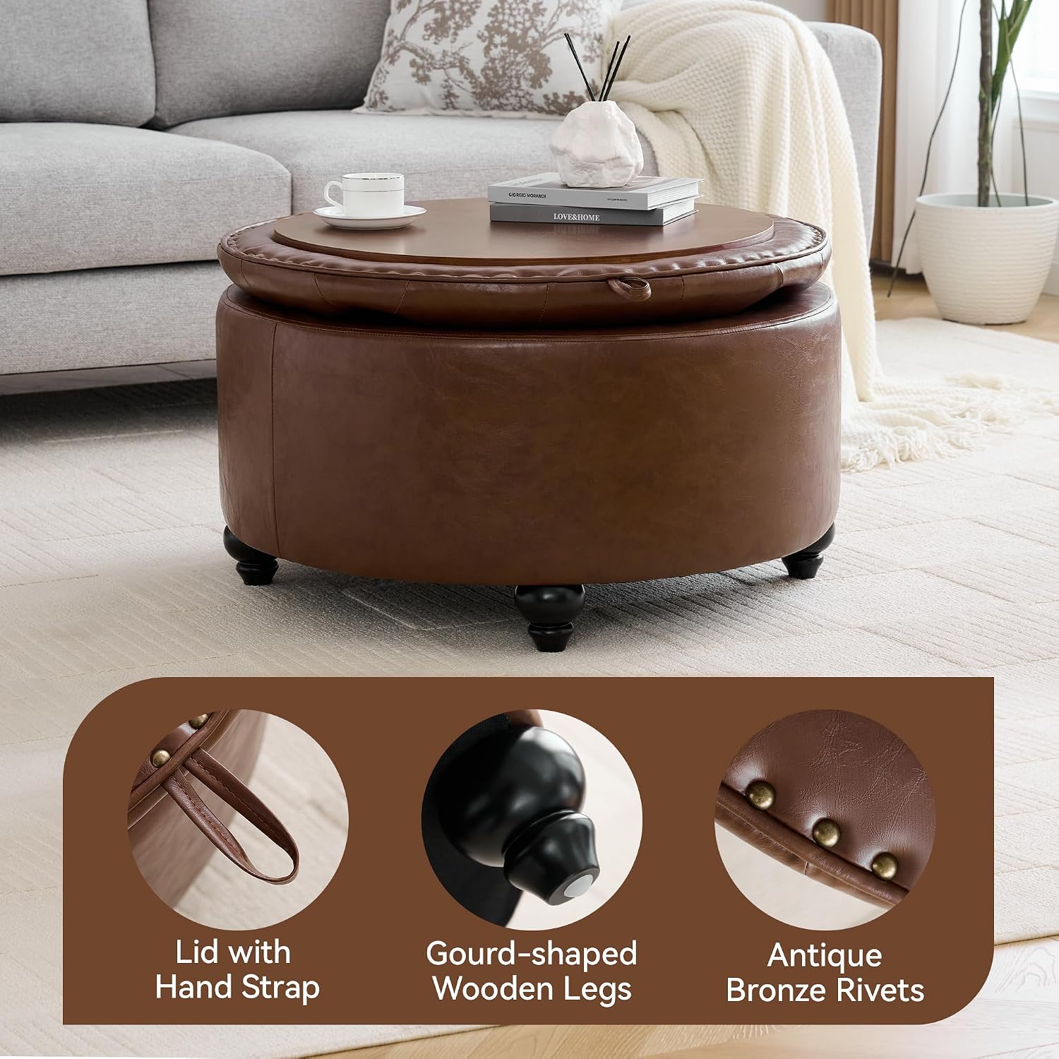 Round Tufted Leather Tray Ottoman