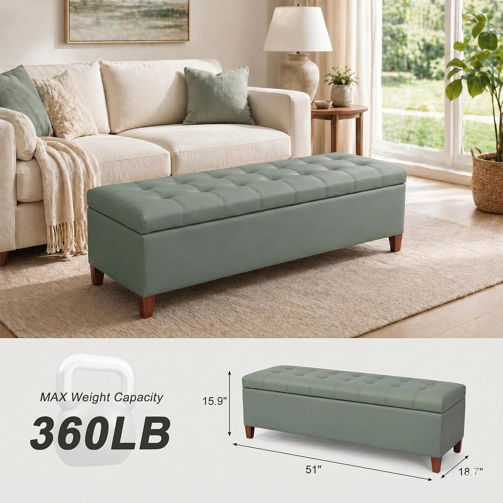 Light Green Faux Leather Storage Ottoman Bench