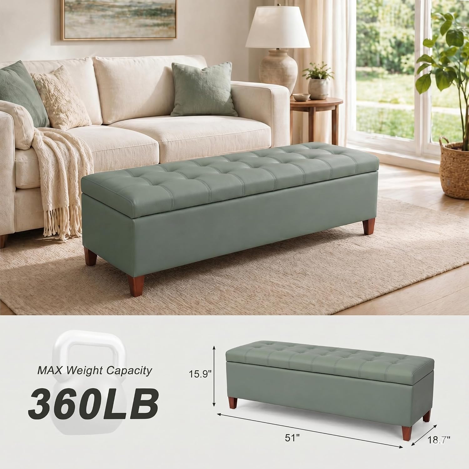 Light Green Faux Leather Storage Ottoman Bench