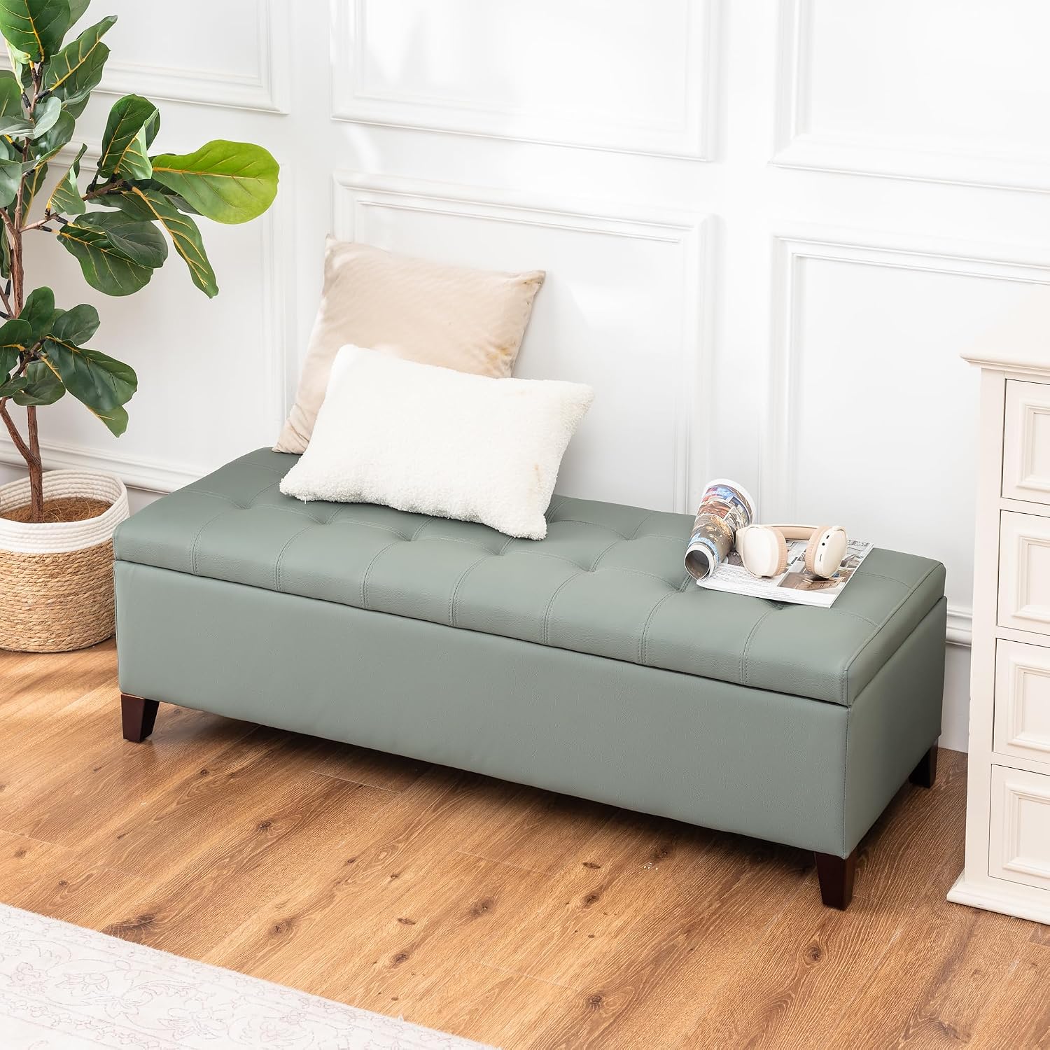 Light Green Faux Leather Storage Ottoman Bench