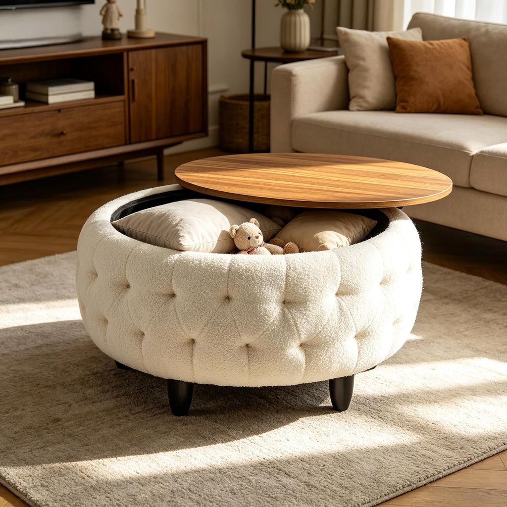 White Teddy Fabric Round Storage Ottoman