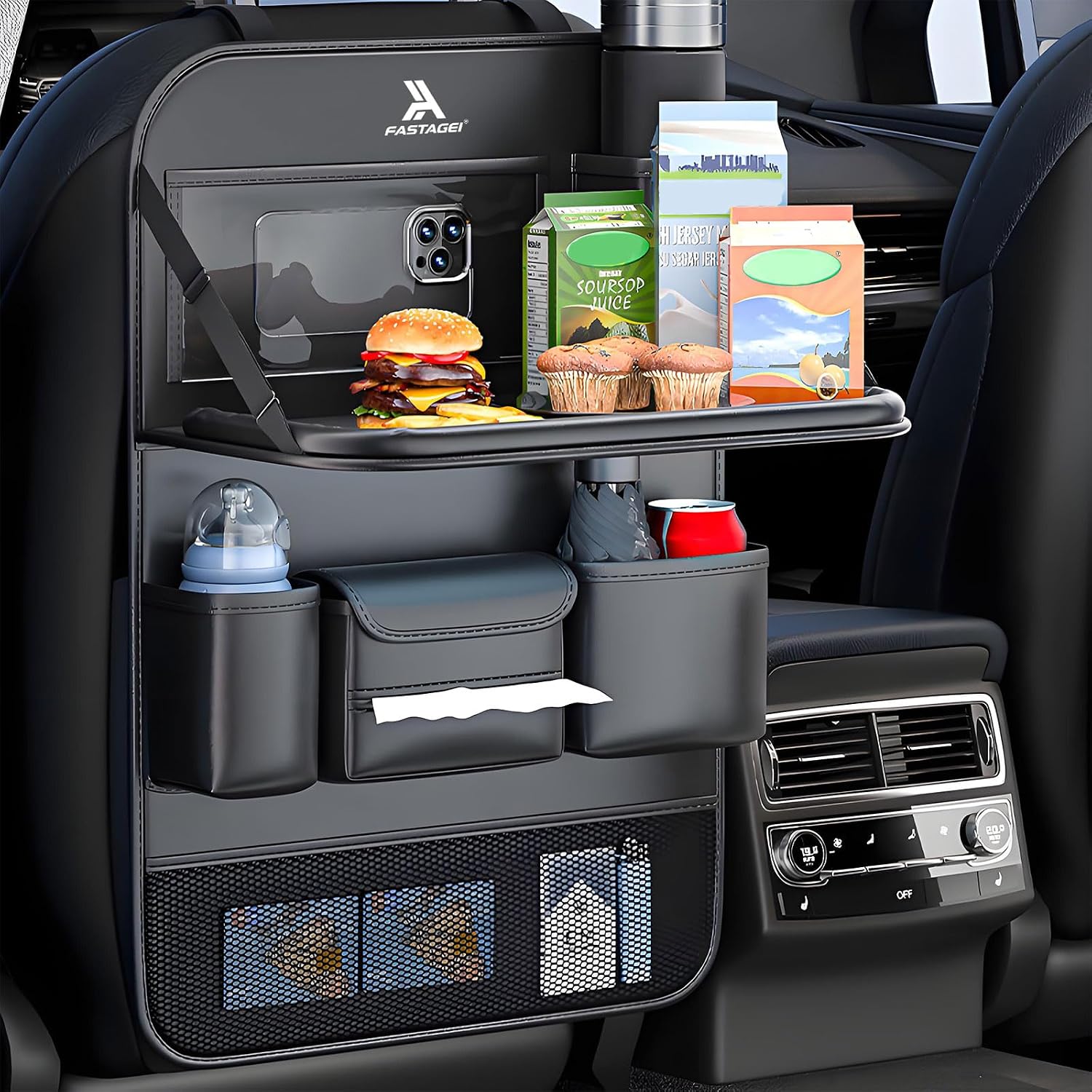 Black Leather Foldable Car Backseat Organizer with Table Tray