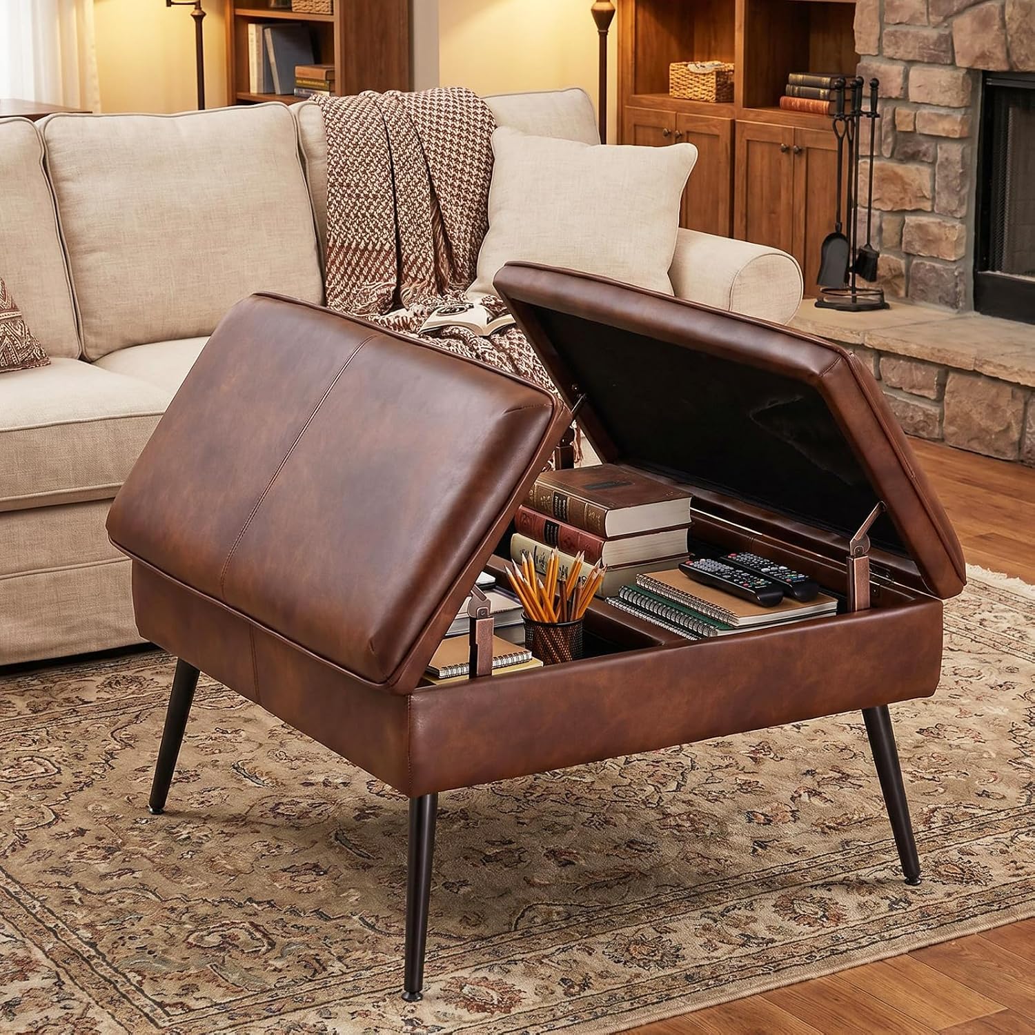 Cognac Brown Flip Top Storage Ottoman