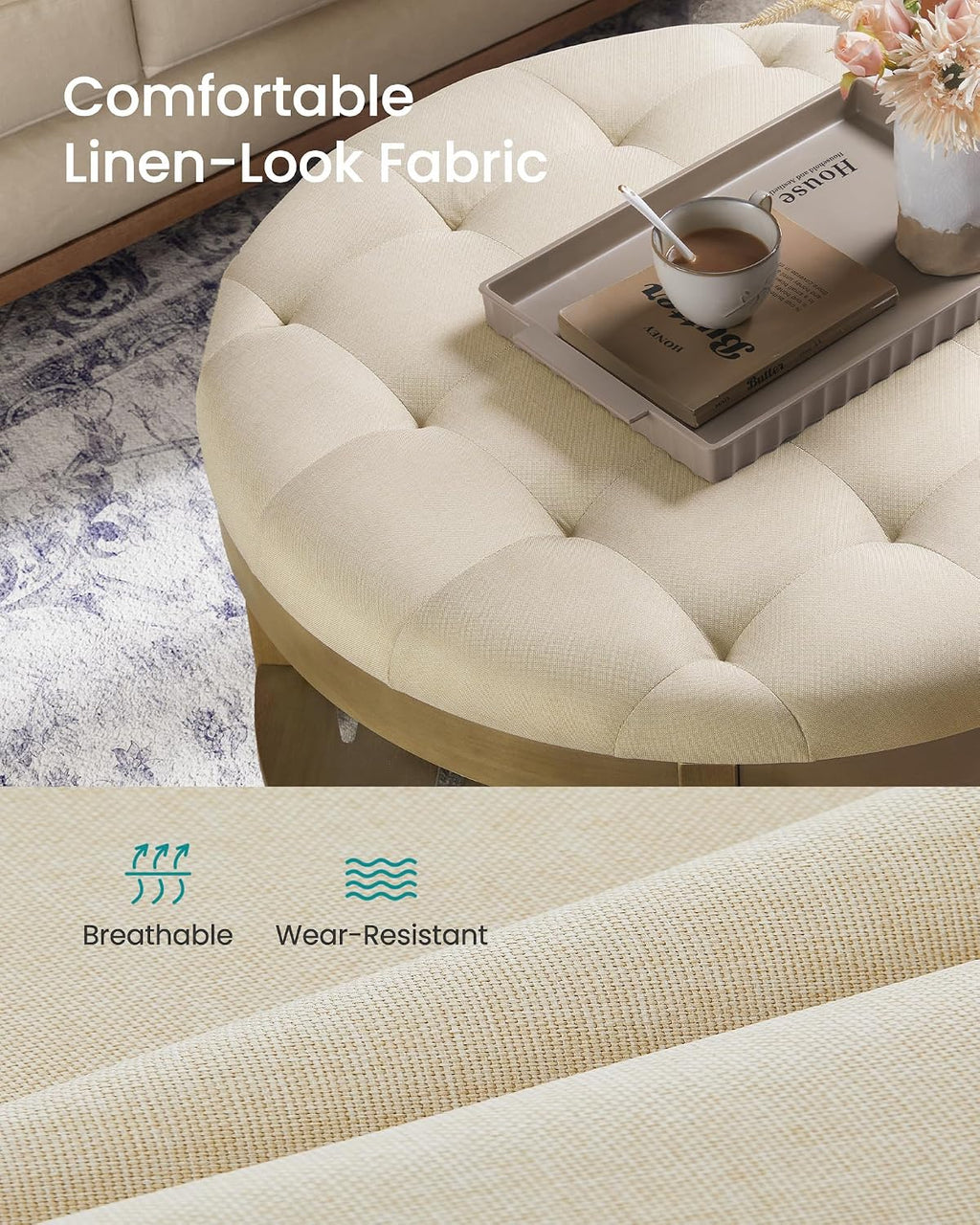 Sand Tufted Round Wood Frame Ottoman