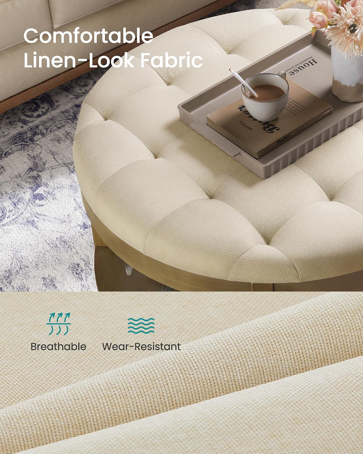 Sand Tufted Round Wood Frame Ottoman