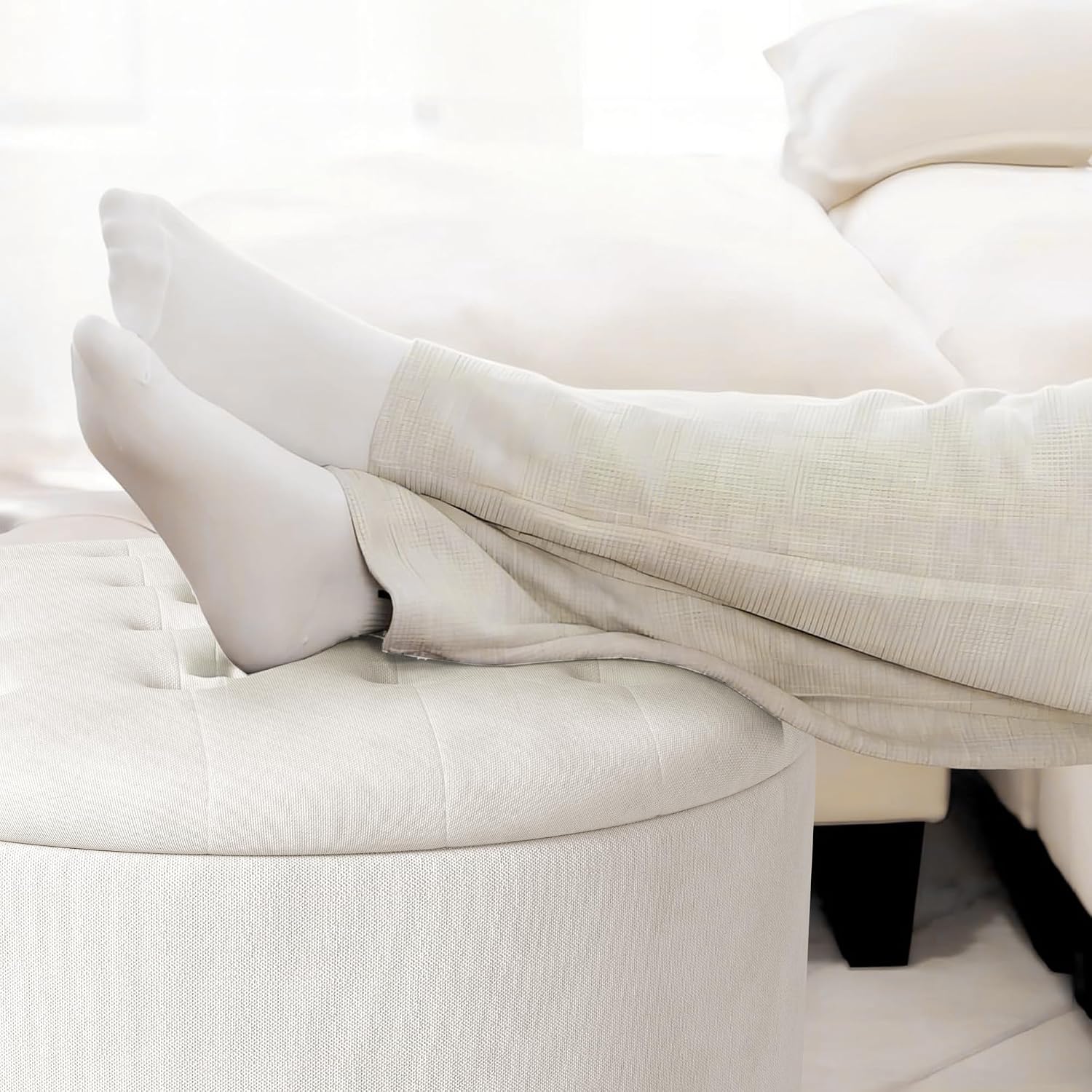 White Tufted Round Storage Ottoman