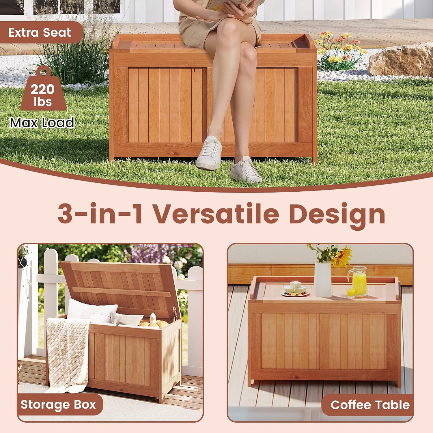 Wood 3-in-1 Outdoor Patio Storage Bench Box