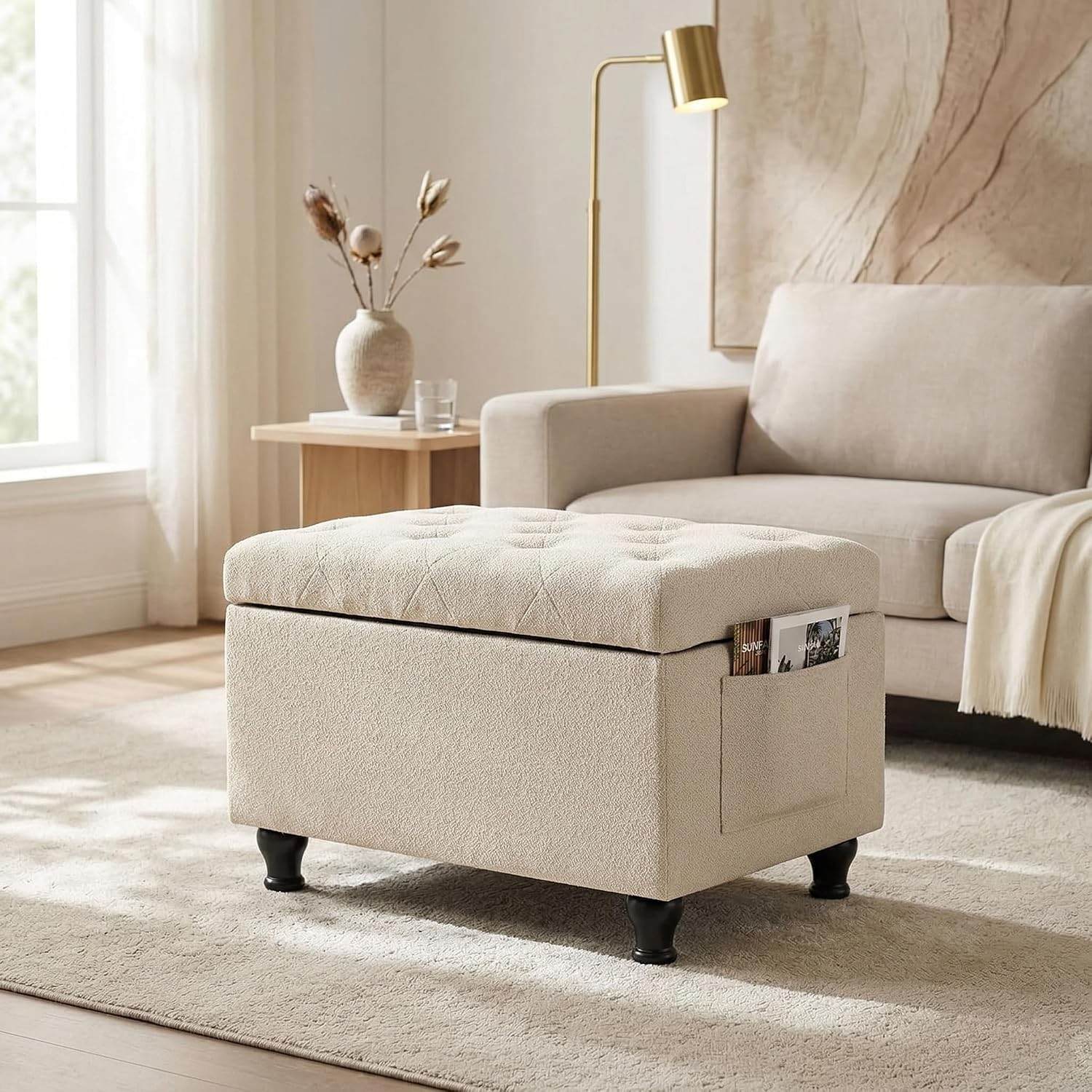 Beige Fabric Safety Hinge Storage Ottoman Bench