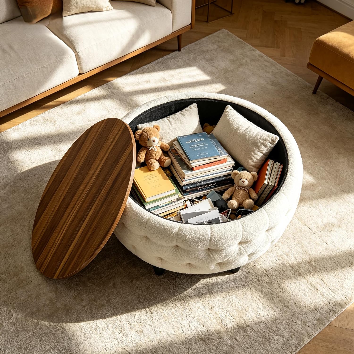 White Teddy Fabric Round Storage Ottoman