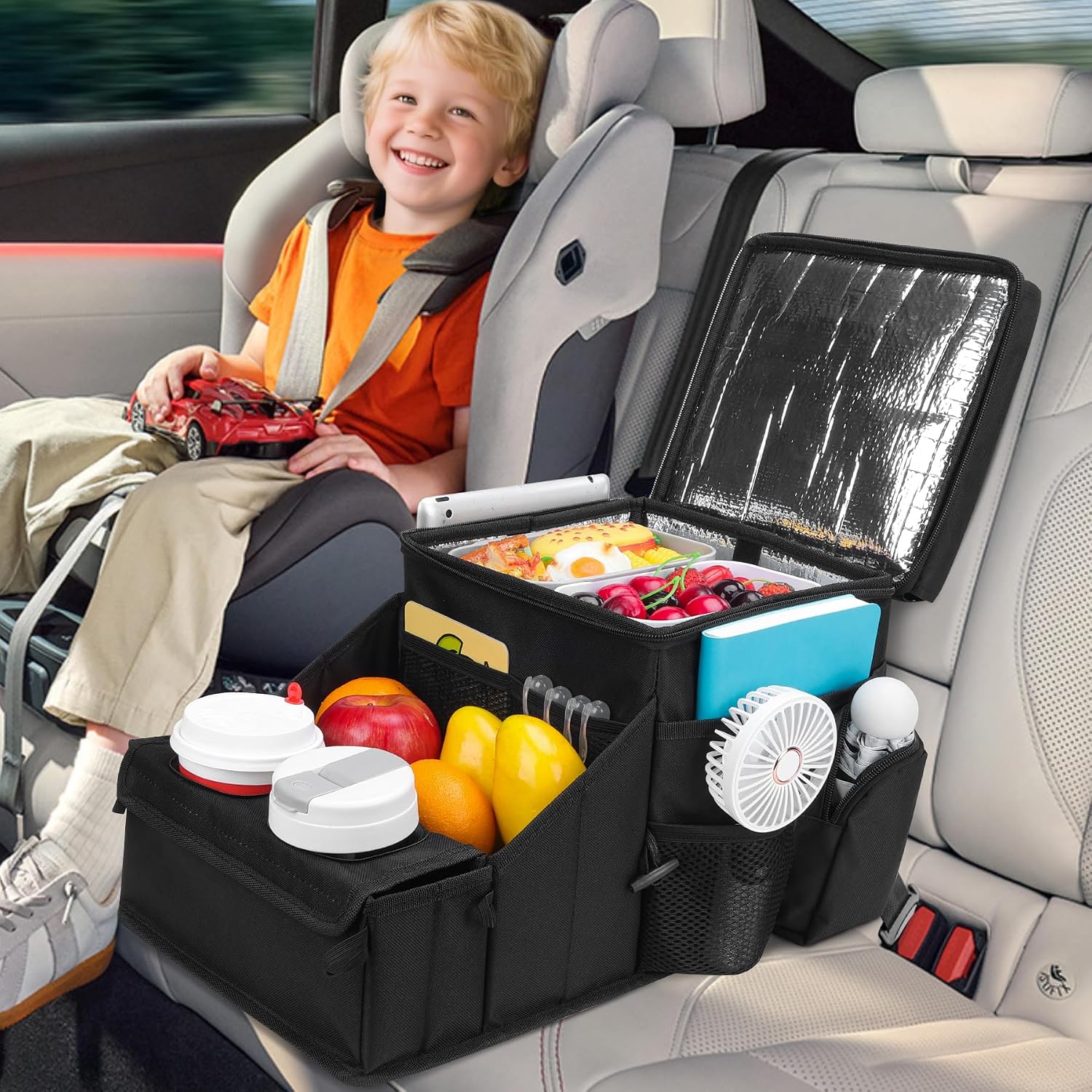 Black Cooler Compartment Car Seat Organizer with Cup Holders