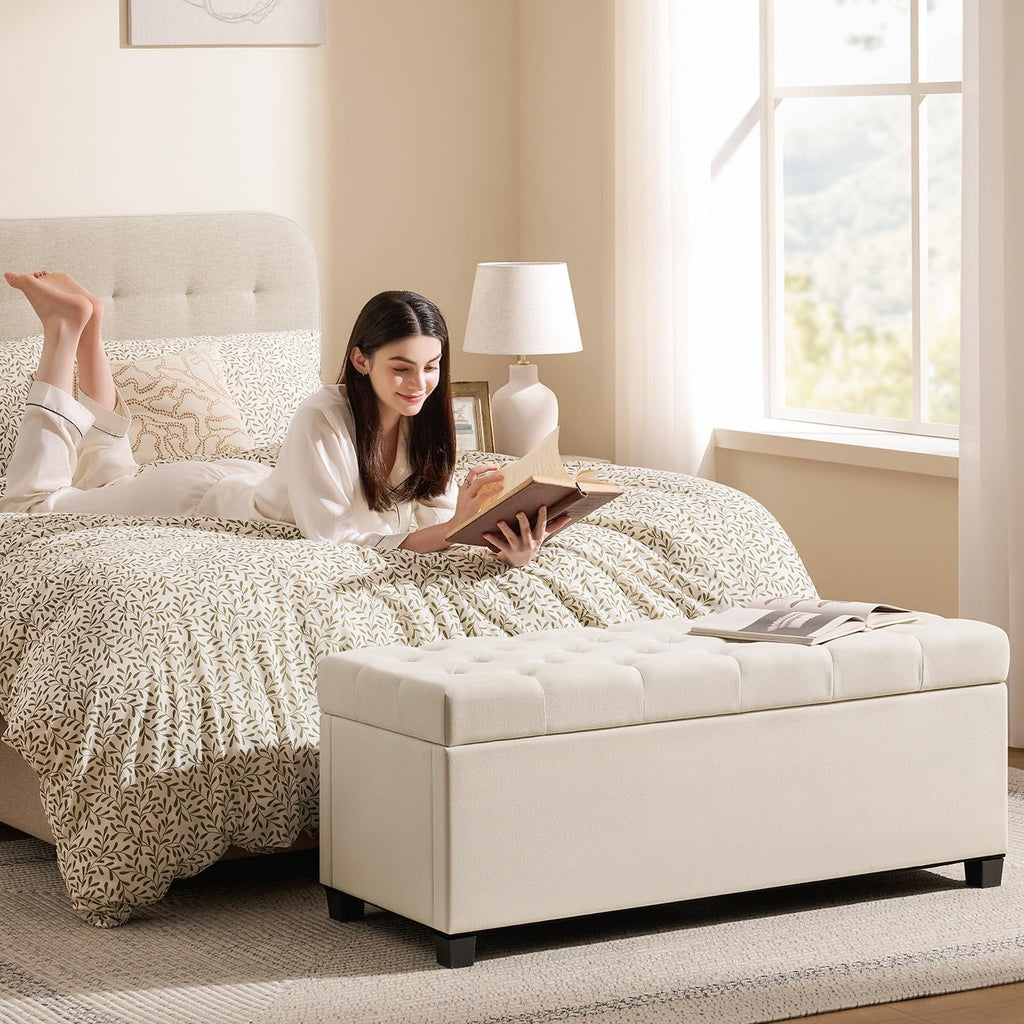 Ivory Tufted Safety Hinge Storage Ottoman Bench
