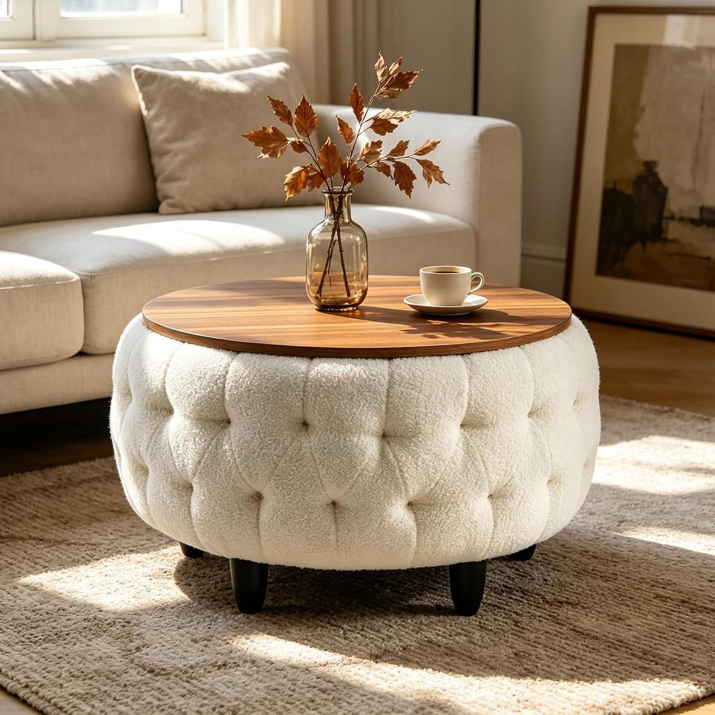 White Teddy Fabric Round Storage Ottoman