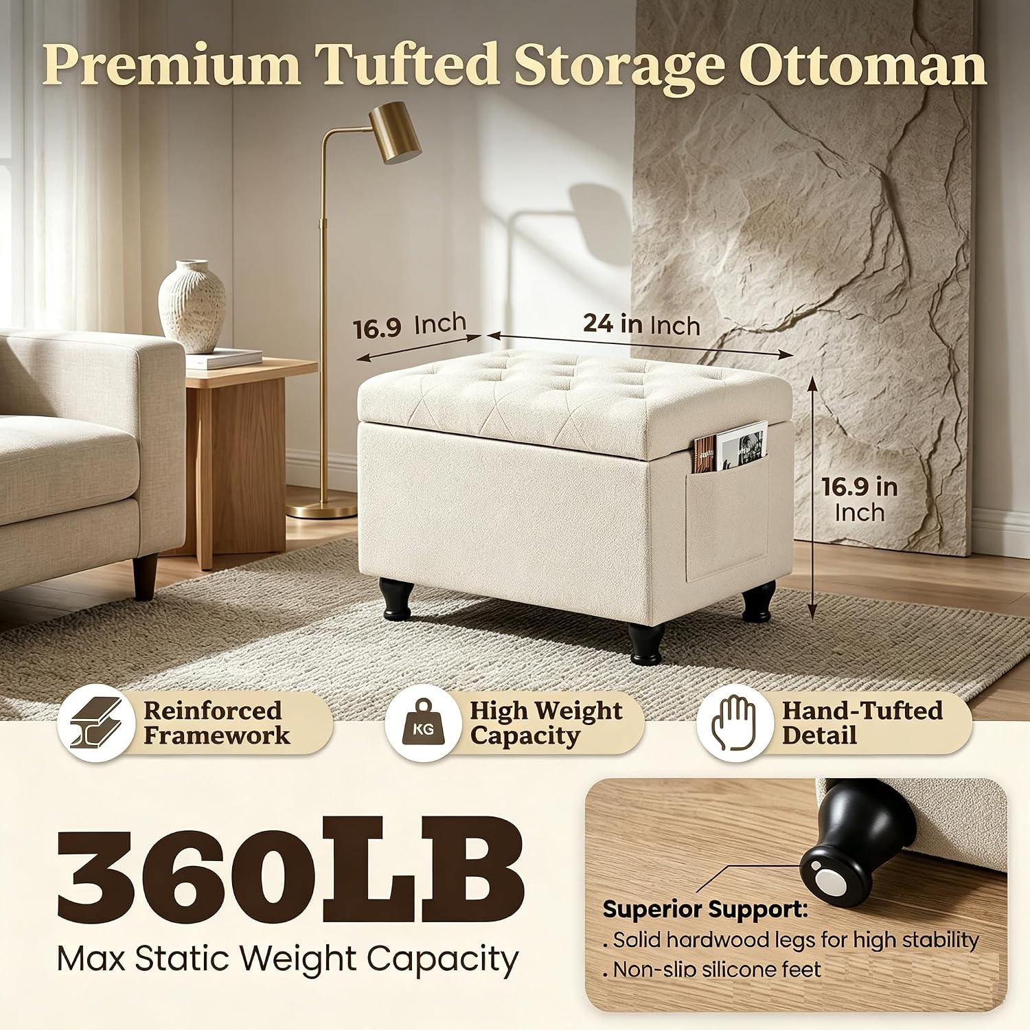 Beige Fabric Safety Hinge Storage Ottoman Bench