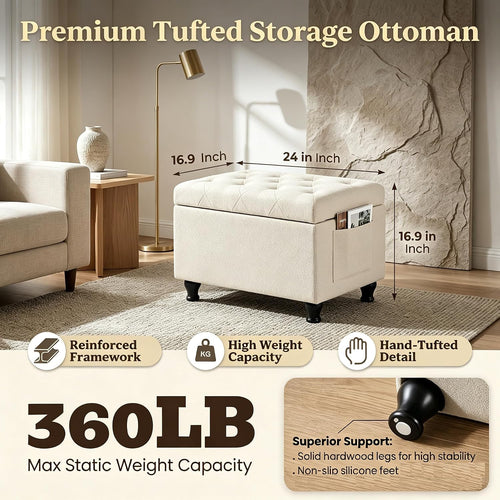 Beige Fabric Safety Hinge Storage Ottoman Bench