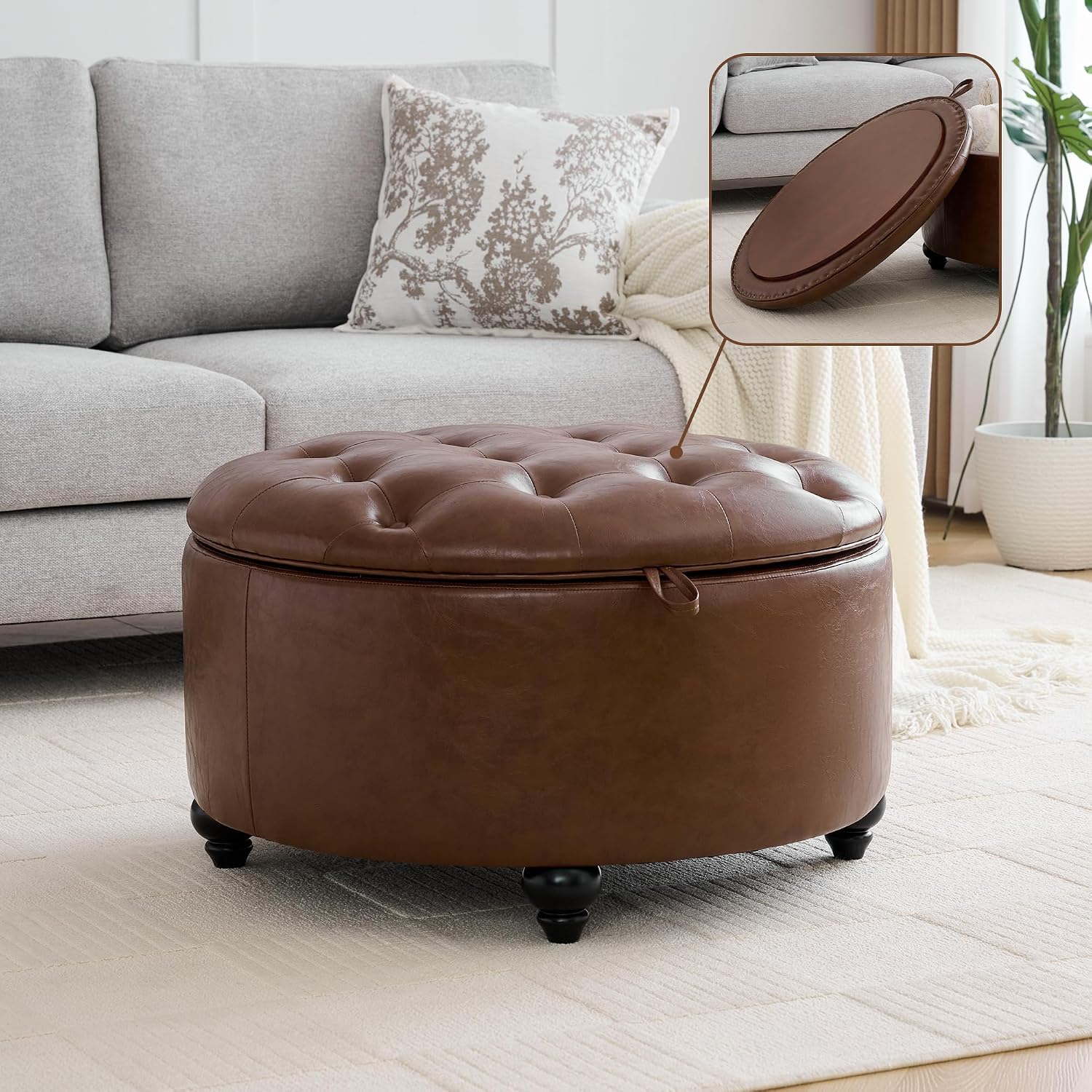 Round Tufted Leather Tray Ottoman