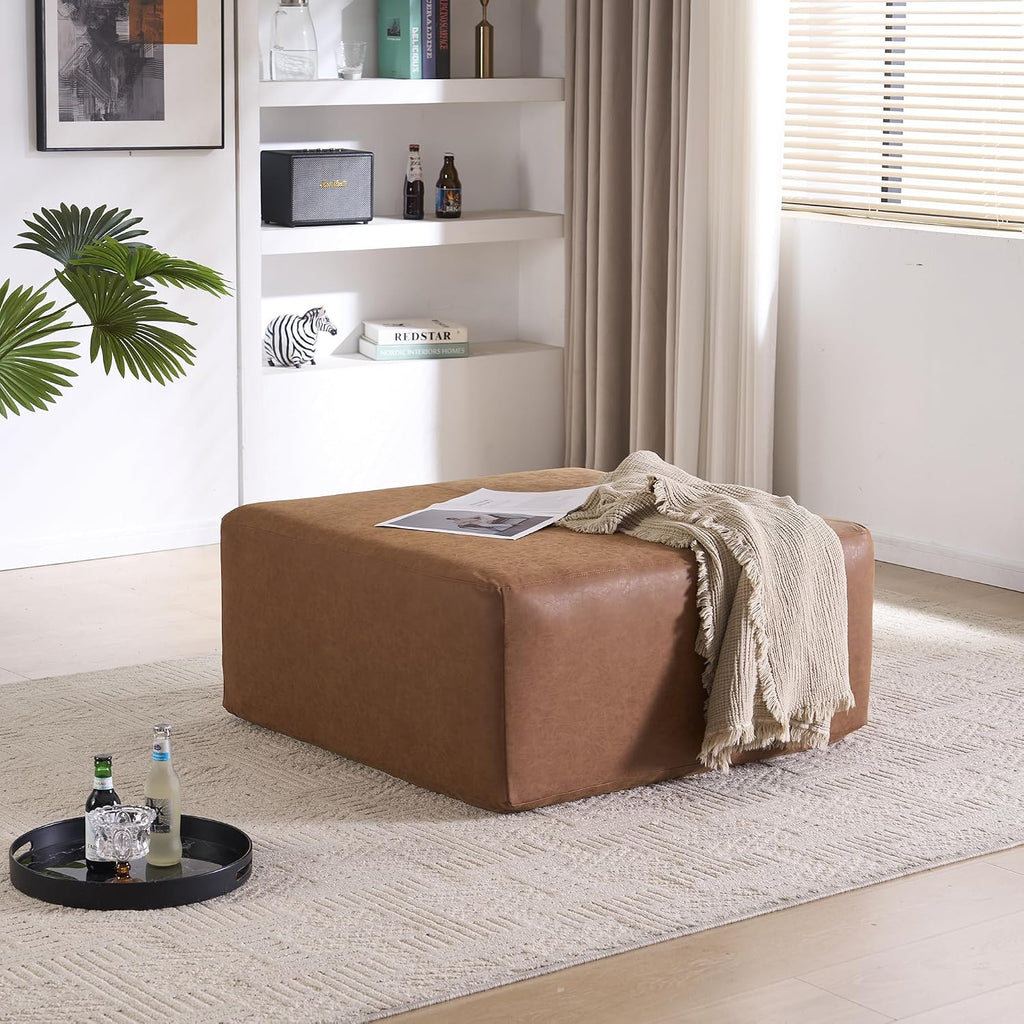 Brown Square Faux Leather Storage Ottoman