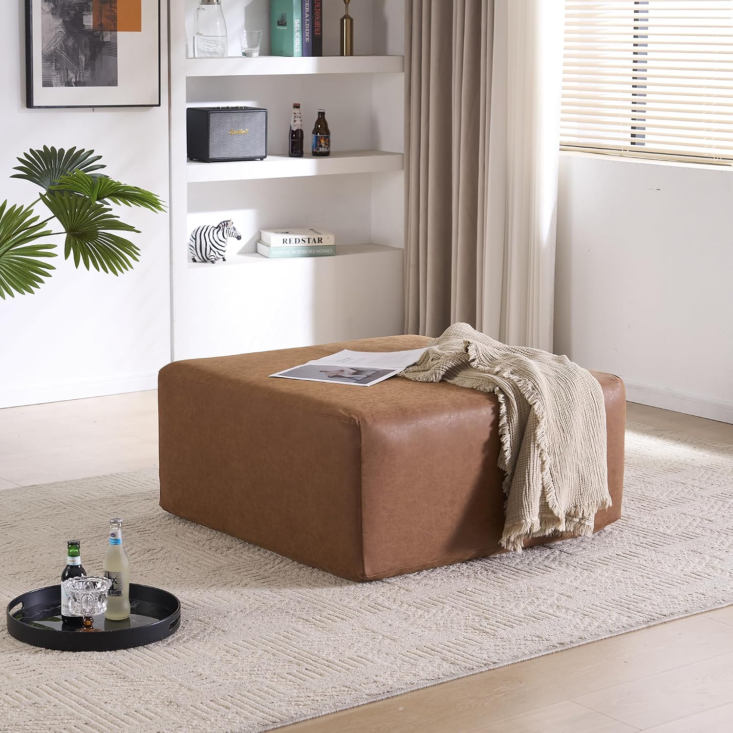 Brown Square Faux Leather Storage Ottoman