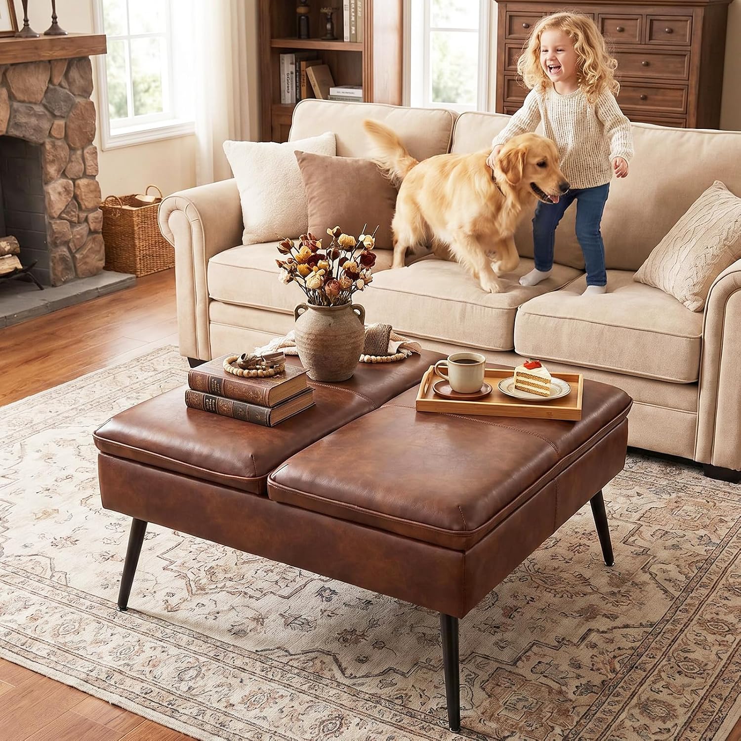Cognac Brown Flip Top Storage Ottoman