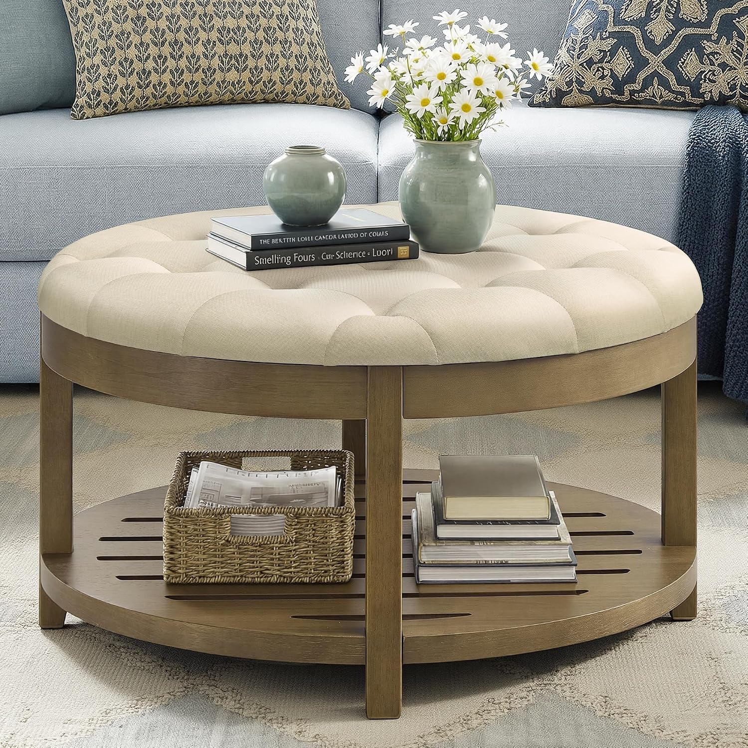 Sand Tufted Round Wood Frame Ottoman
