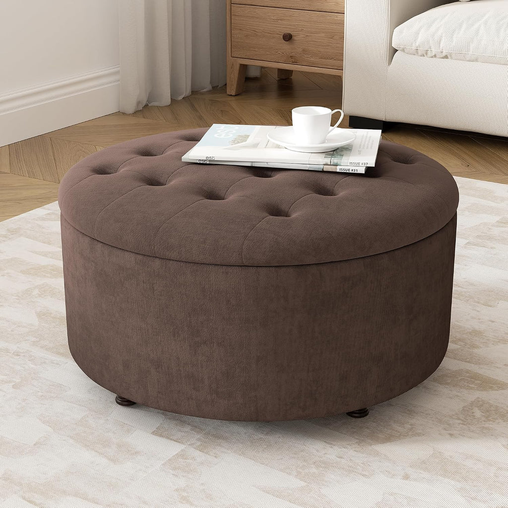 Dark Brown Tufted Round Storage Ottoman