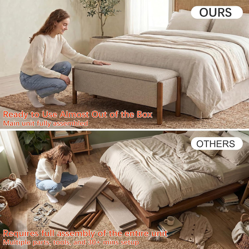 Beige Boucle Heavy Duty Storage Ottoman Bench