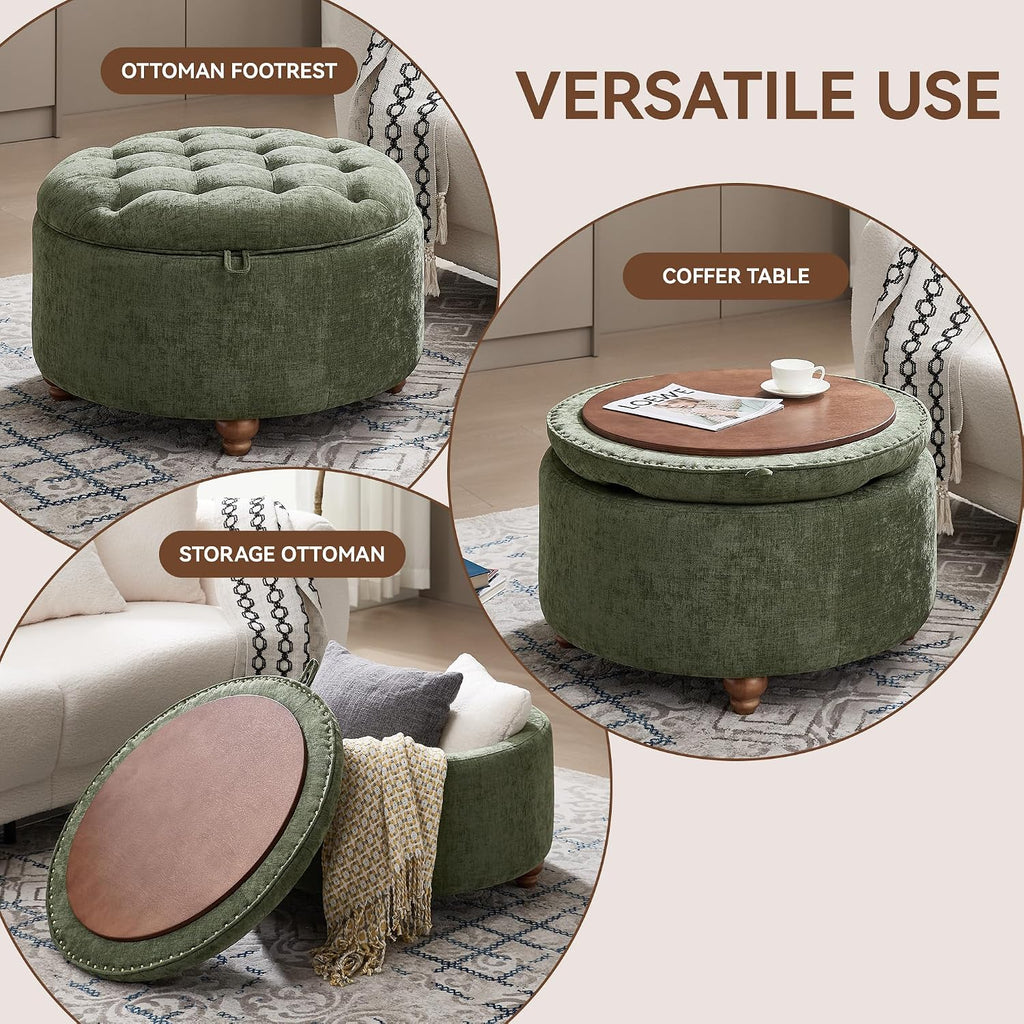 Green Tufted Round Tray Storage Ottoman