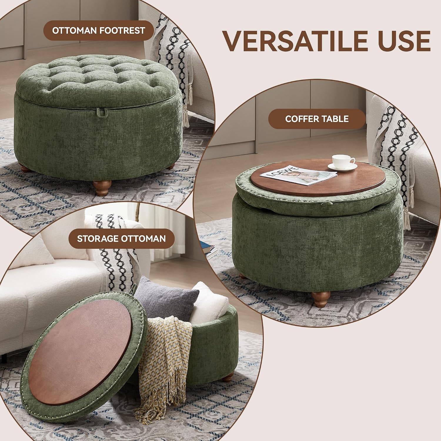 Green Tufted Round Tray Storage Ottoman