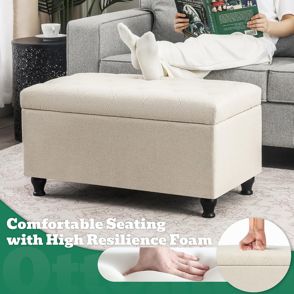 Beige Fabric Storage Ottoman Bench
