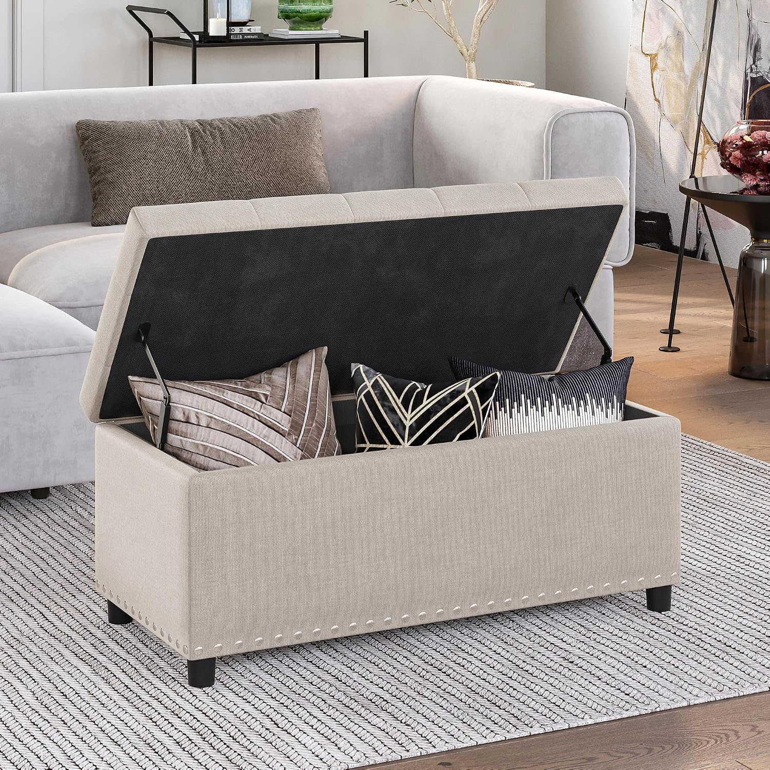 Beige Tufted Storage Ottoman