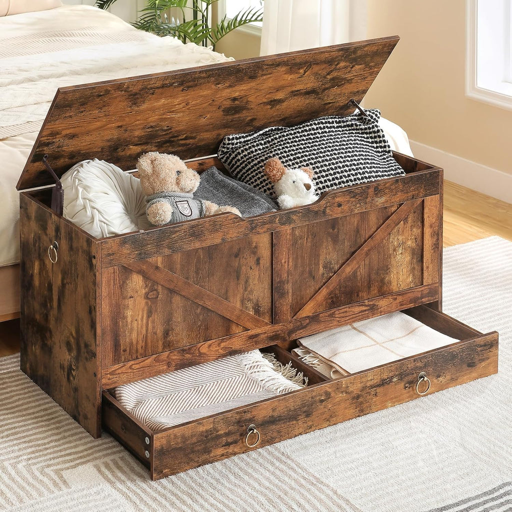 Rustic Brown Drawer Safety Hinge Storage Chest Bench