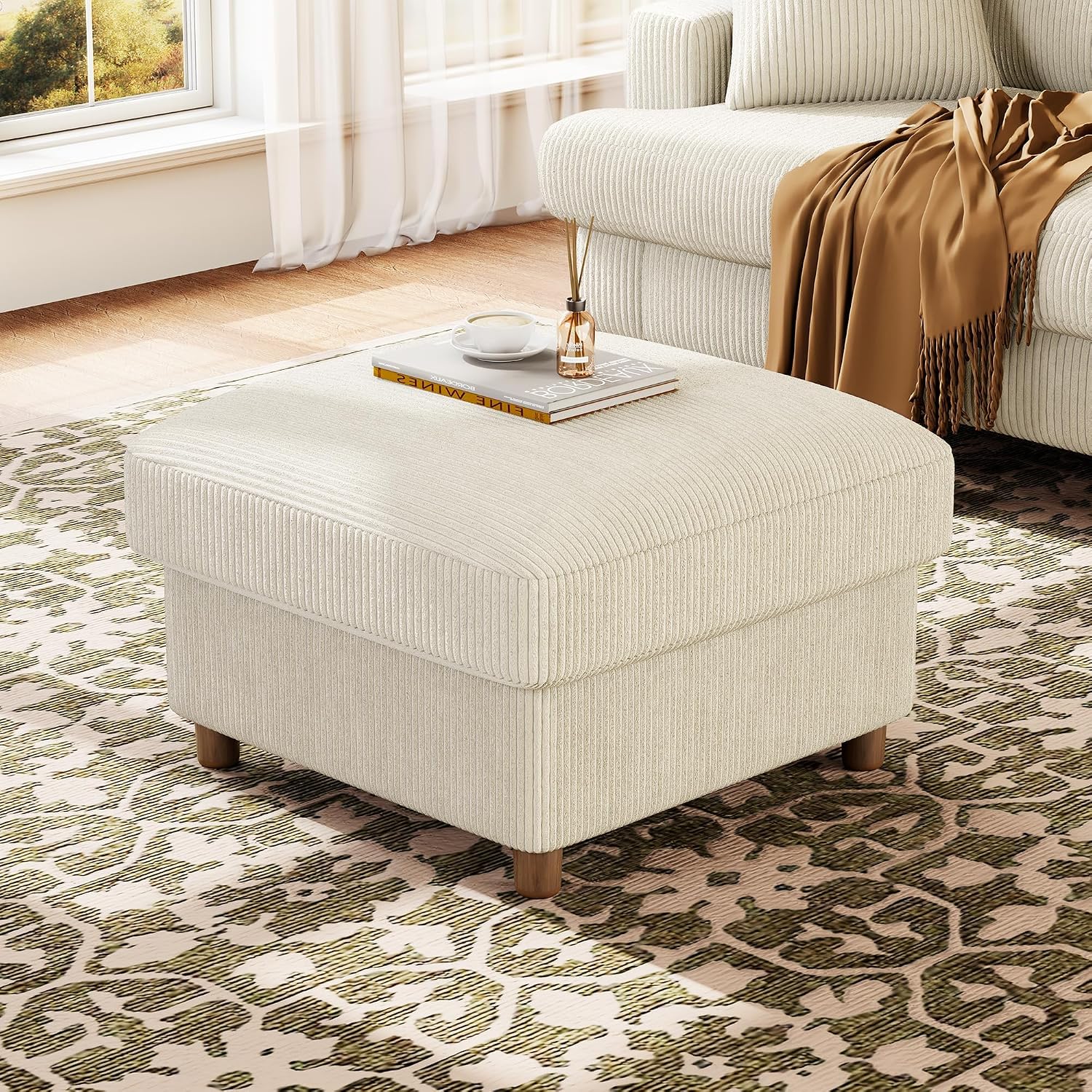 Beige Corduroy Square Storage Ottoman