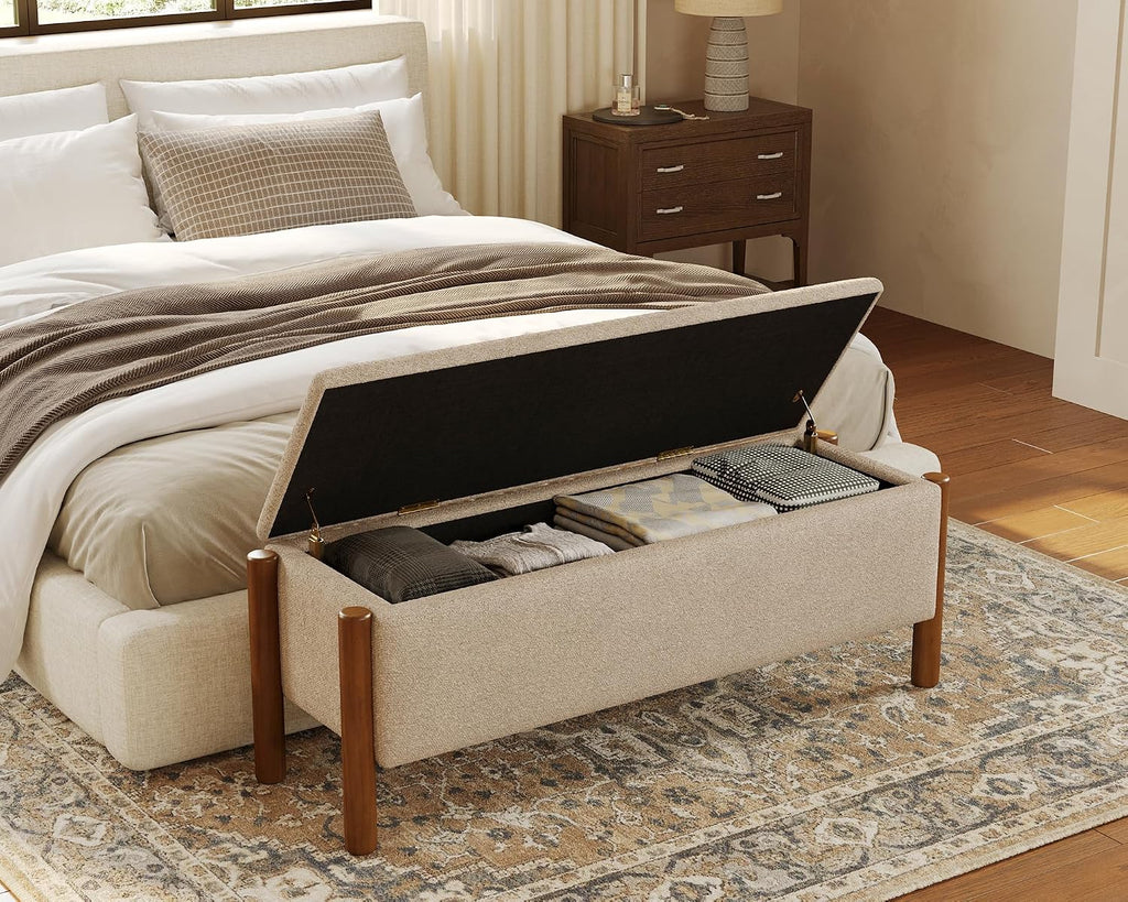 Beige Boucle Heavy Duty Storage Ottoman Bench