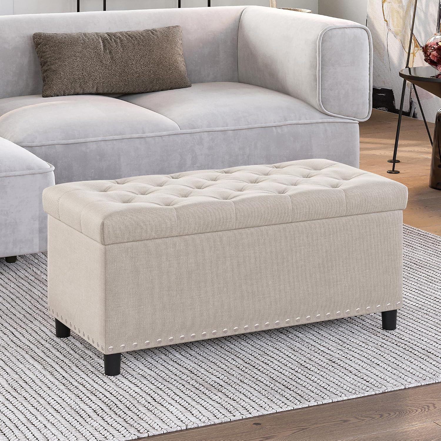 Beige Tufted Storage Ottoman
