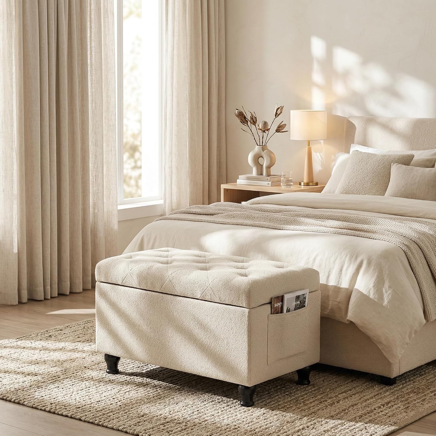 Beige Fabric Safety Hinge Storage Ottoman Bench