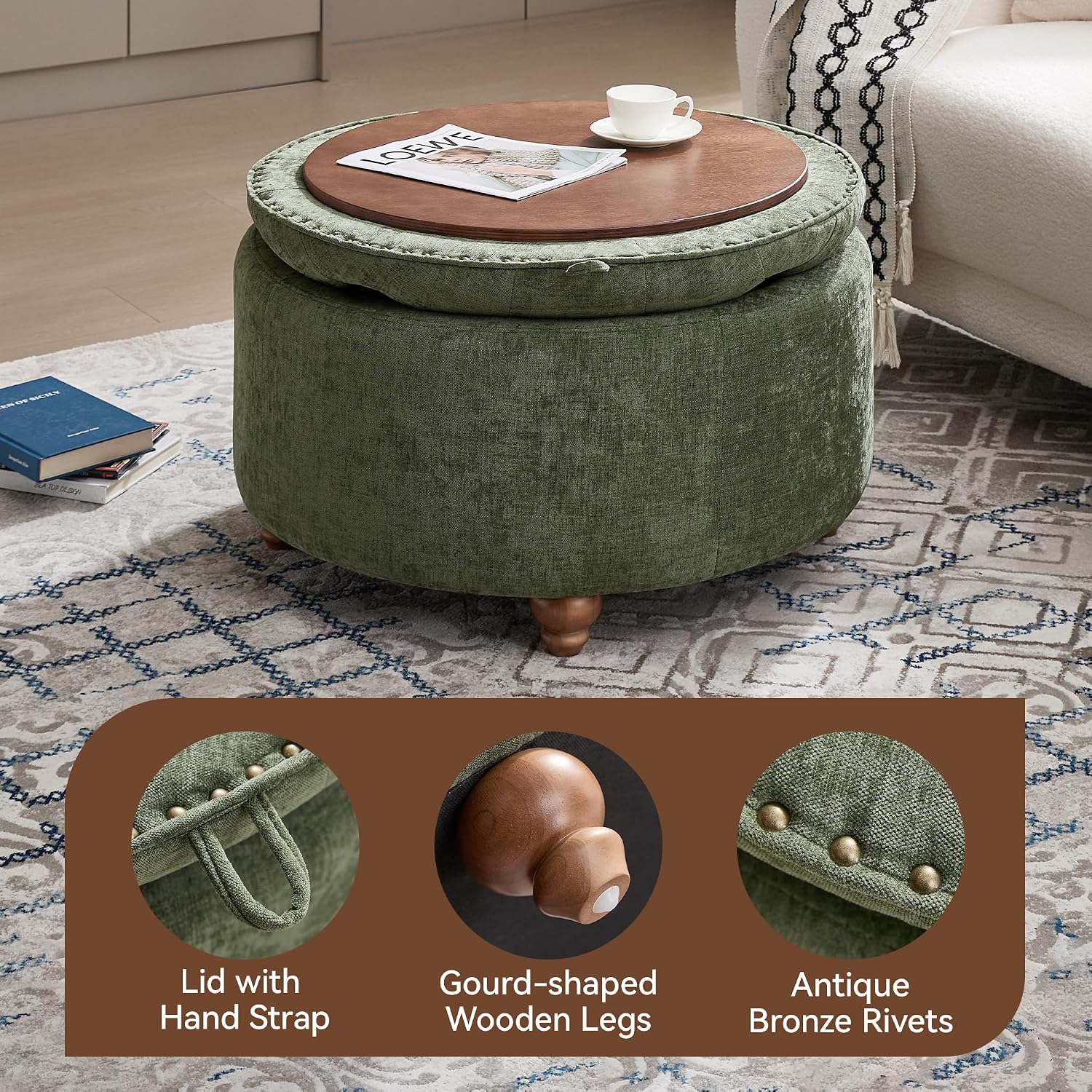 Green Tufted Round Tray Storage Ottoman