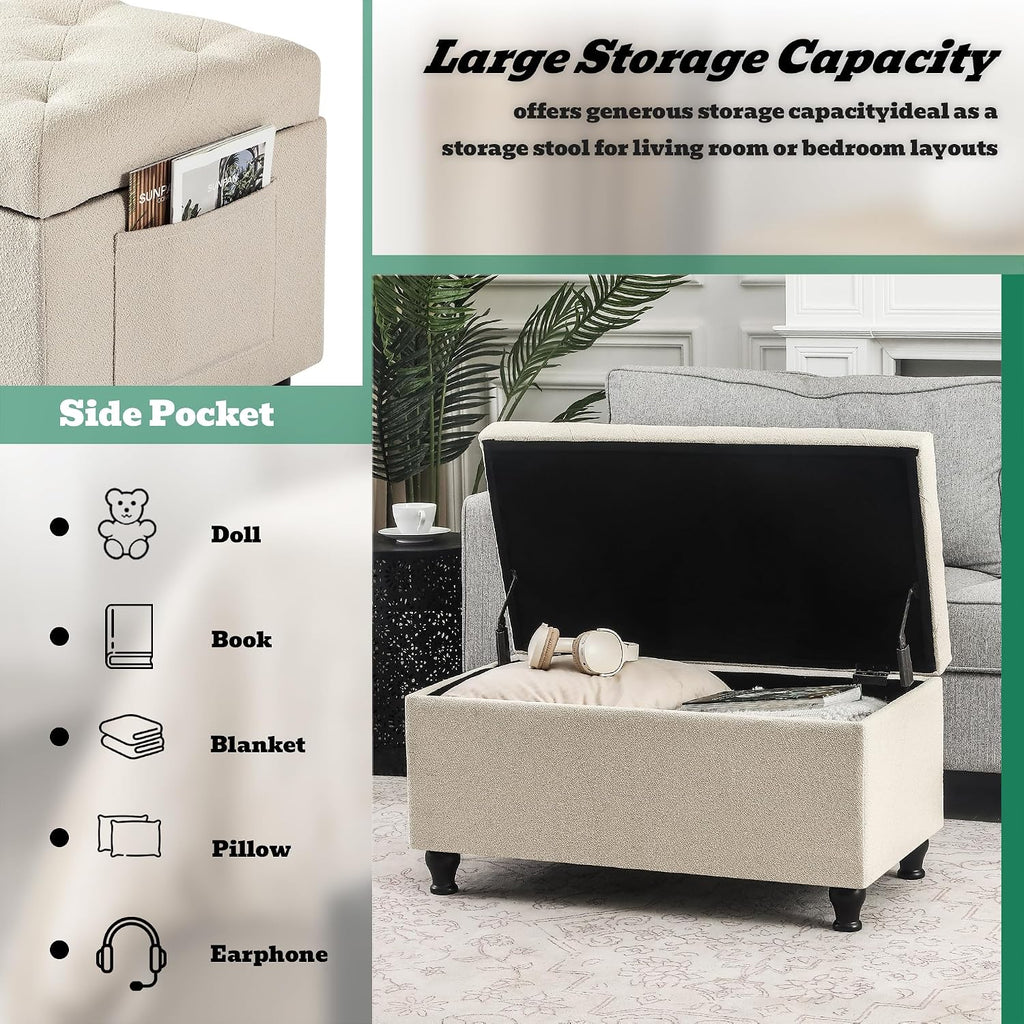 Beige Fabric Storage Ottoman Bench
