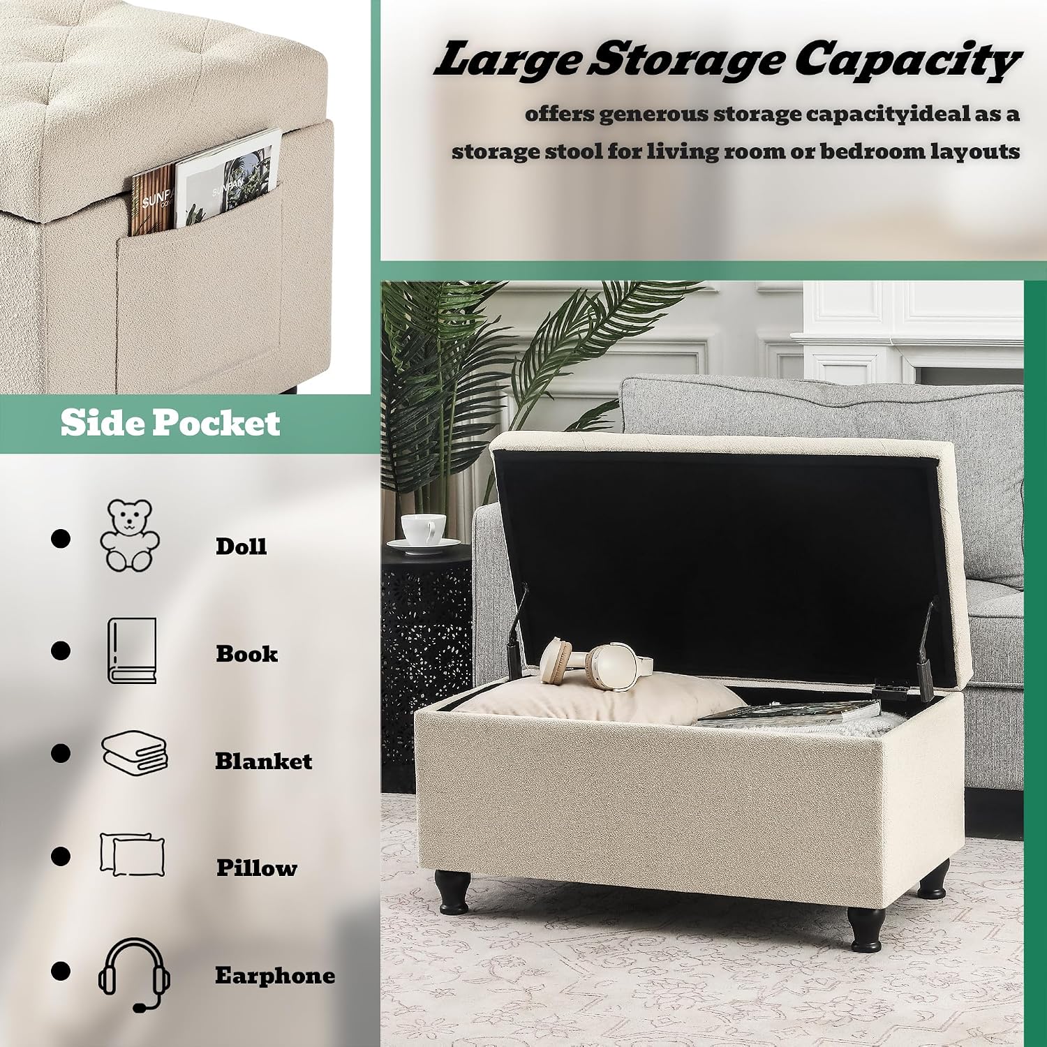 Beige Fabric Storage Ottoman Bench