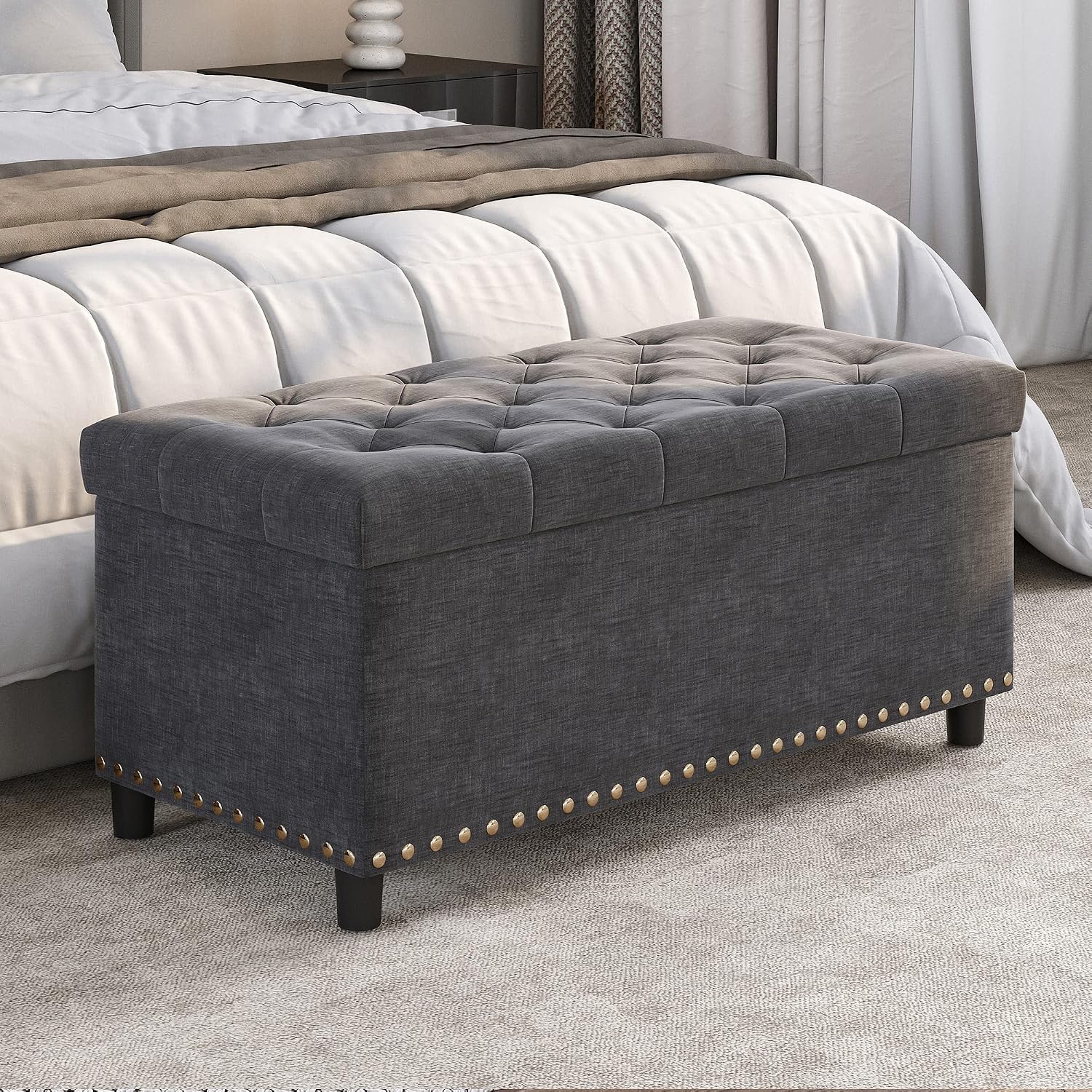 Dark Gray Tufted Storage Ottoman